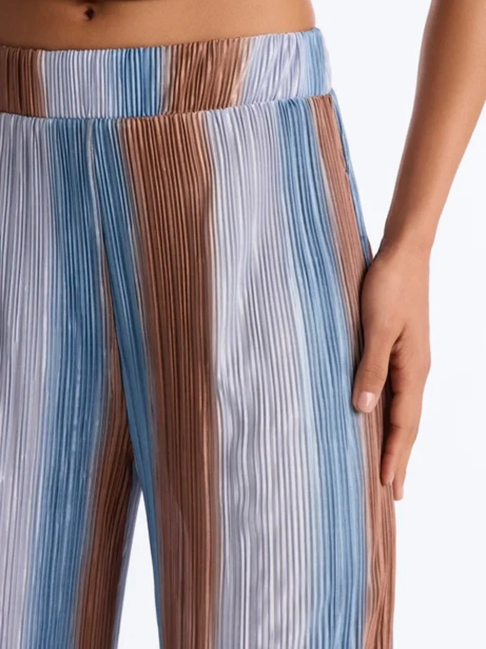 Pleated Wide Leg Plisse Pants Blue Brown Striped High Waist Flowy Resort Pants